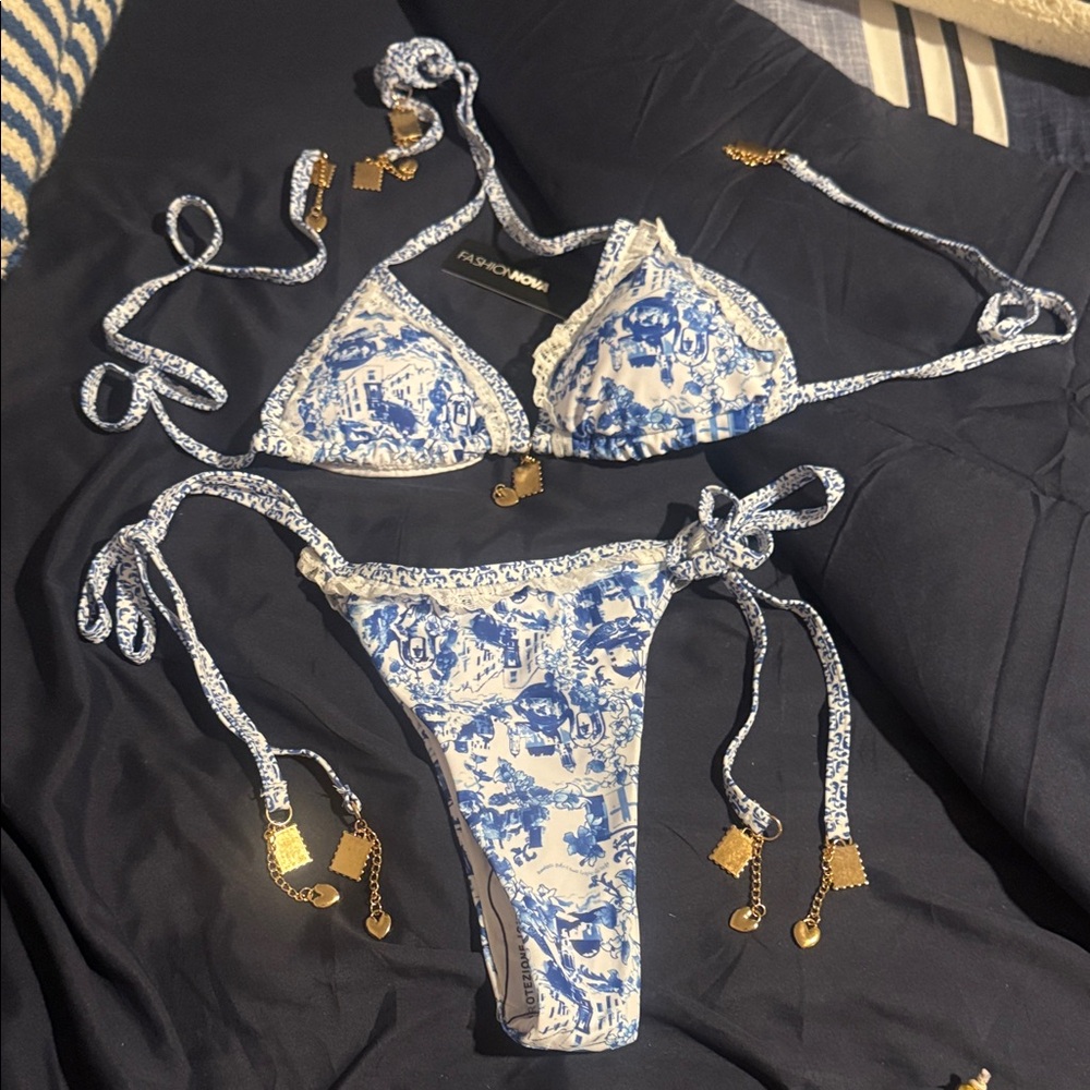 Fashion Nova Blue & White Toile Tie-Side Bikini Set